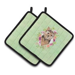 CK4380PTHD 7.5 x 7.5 in. Norwich Terrier Green Flowers Pair of Pot Holders