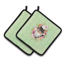 CK4385PTHD 7.5 x 7.5 in. Longhaired Chihuahua Green Flowers Pair of Pot Holders