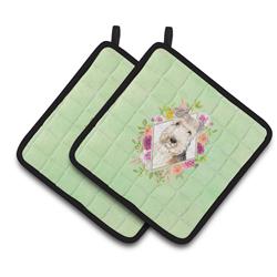 CK4386PTHD 7.5 x 7.5 in. Lakeland Terrier Green Flowers Pair of Pot Holders