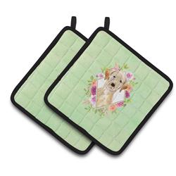 CK4387PTHD 7.5 x 7.5 in. Yellow Lab Green Flowers Pair of Pot Holders