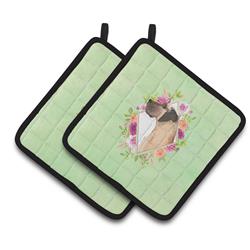 7.5 x 7.5 in. Fawn Great Dane Green Flowers Pair of Pot Holders