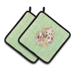 CK4395PTHD 7.5 x 7.5 in. Golden Retriever Green Flowers Pair of Pot Holders