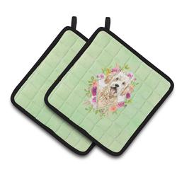 CK4396PTHD 7.5 x 7.5 in. Goldendoodle Green Flowers Pair of Pot Holders