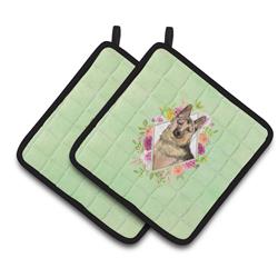 CK4397PTHD 7.5 x 7.5 in. German Shepherd Green Flowers Pair of Pot Holders