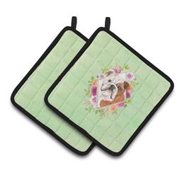 CK4400PTHD 7.5 x 7.5 in. English Bulldog Green Flowers Pair of Pot Holders