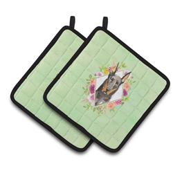 CK4401PTHD 7.5 x 7.5 in. Doberman Pinsher Green Flowers Pair of Pot Holders