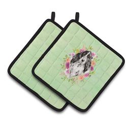 CK4404PTHD 7.5 x 7.5 in. Black Parti Cocker Spaniel Green Flowers Pair of Pot Holders