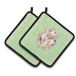 CK4405PTHD 7.5 x 7.5 in. Chihuahua Green Flowers Pair of Pot Holders