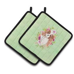CK4408PTHD 7.5 x 7.5 in. Blenheim Cavalier Spaniel Green Flowers Pair of Pot Holders