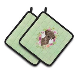 CK4411PTHD 7.5 x 7.5 in. Chocolate Labrador Green Flowers Pair of Pot Holders