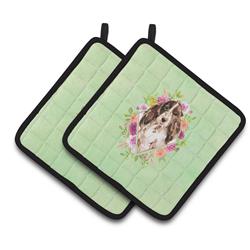 CK4412PTHD 7.5 x 7.5 in. Brown Parti Cocker Spaniel Green Flowers Pair of Pot Holders