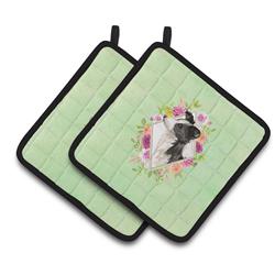 CK4418PTHD 7.5 x 7.5 in. Border Collie Green Flowers Pair of Pot Holders