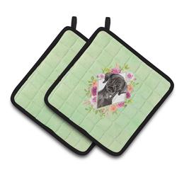 Picture of Carolines Treasures CK4421PTHD 7.5 x 7.5 in. Black Labrador Green Flowers Pair of Pot Holders