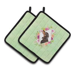 CK4422PTHD 7.5 x 7.5 in. Black & Tan Dachshund Green Flowers Pair of Pot Holders