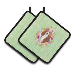 CK4426PTHD 7.5 x 7.5 in. Basset Hound Green Flowers Pair of Pot Holders