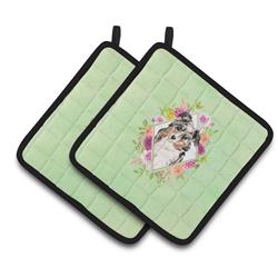 CK4427PTHD 7.5 x 7.5 in. Australian Shepherd Green Flowers Pair of Pot Holders