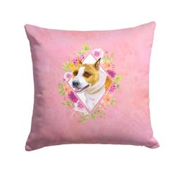 14 x 3 x 14 in. Bull Terrier Pink Flowers Fabric Decorative Pillow
