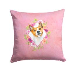 14 x 3 x 14 in. Basenji Pink Flowers Fabric Decorative Pillow