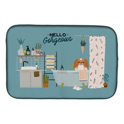 14 x 21 in. Red White Pekingese in Bathtub Dish Drying Mat
