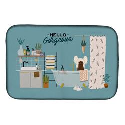 14 x 21 in. Cream Chinese Crested in Bathtub Dish Drying Mat