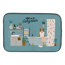 14 x 21 in. Red White Border Collie in Bathtub Dish Drying Mat