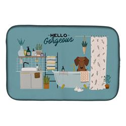 14 x 21 in. Red Brown Dachshund in Bathtub Dish Drying Mat