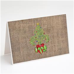 8745GCA7P Christmas Tree Fleur De Lis on Faux Burlap Greeting Cards & Envelopes - Pack of 8