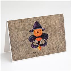 Halloween Pumpkin & Bat Fleur De Lis on Faux Burlap Greeting Cards & Envelopes - Pack of 8