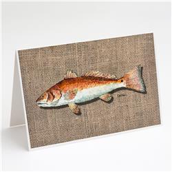 8736GCA7P Fish Red Fish on Faux Burlap Greeting Cards & Envelopes - Pack of 8