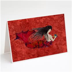 Black Haired Mermaid on Red Greeting Cards & Envelopes - Pack of 8