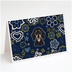 BB5066GCA7P Blue Flowers Smooth Black & Tan Dachshund Greeting Cards & Envelopes - Pack of 8