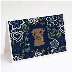 Blue Flowers Chocolate Labrador Greeting Cards & Envelopes - Pack of 8
