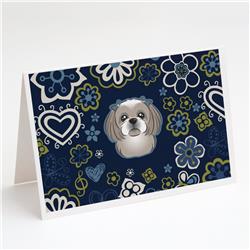 BB5101GCA7P Blue Flowers Gray Silver Shih Tzu Greeting Cards & Envelopes - Pack of 8
