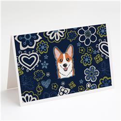 Blue Flowers Red Corgi Greeting Cards & Envelopes - Pack of 8