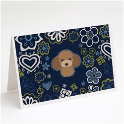 Blue Flowers Chocolate Brown Poodle Greeting Cards & Envelopes - Pack of 8