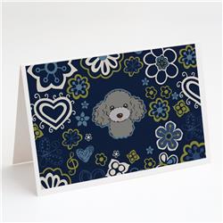 BB5110GCA7P Blue Flowers Silver Gray Poodle Greeting Cards & Envelopes - Pack of 8