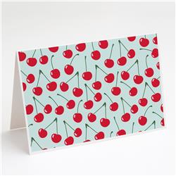 BB5148GCA7P Cherries on Blue Greeting Cards & Envelopes - Pack of 8