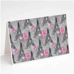 BB7503GCA7P Watercolor Pink Flowers Eiffel Tower Greeting Cards & Envelopes - Pack of 8