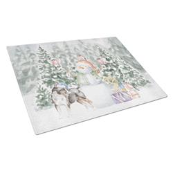 CK8039LCB 15 x 12 in. Unisex Bull Terrier Black & Tan & White with Christmas Presents Glass Cutting Board, Multi Color - Large