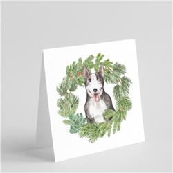 CK8815GC55 5 x 5 in. Unisex Bull Terrier Black & White with Christmas Wreath Square Greeting Cards & Envelopes, Multi Color - Pack of 8