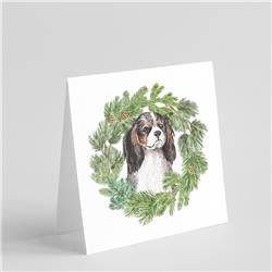 5 x 5 in. Unisex Cavalier King Charles Spaniel Tricolor with Christmas Wreath Square Greeting Cards & Envelopes, Multi Color - Pack of 8
