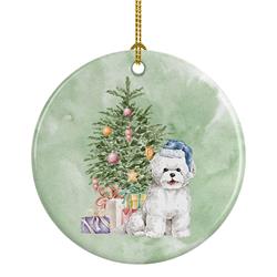 2.8 x 2.8 in. Unisex Bichon Frise Blue Hat Christmas Presents & Tree Ceramic Ornament, Multi Color