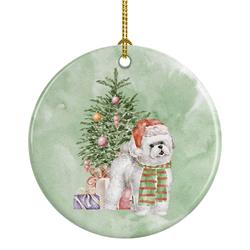 2.8 x 2.8 in. Unisex Bichon Frise Red Hat Christmas Presents & Tree Ceramic Ornament, Multi Color