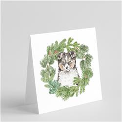 5 x 5 in. Unisex Sheltie & Shetland Sheepdog Puppy Tricolor with Christmas Wreath Square Greeting Cards & Envelopes, Multi Color - Pack of 8