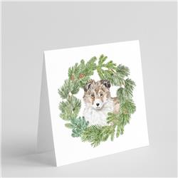5 x 5 in. Unisex Sheltie & Shetland Sheepdog Puppy Sable with Christmas Wreath Square Greeting Cards & Envelopes, Multi Color - Pack of 8