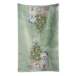 25 x 15 in. Unisex Christmas Bichon Frise Blue Hat Kitchen Towel, Multi Color