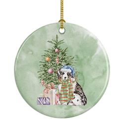 2.8 x 2.8 in. Unisex Australian Shepherd Puppy Christmas Presents & Tree Ceramic Ornament, Multi Color