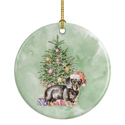 2.8 x 2.8 in. Unisex Dachshund Black & Tan Puppy Christmas Presents & Tree Ceramic Ornament, Multi Color
