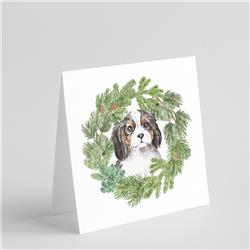 5 x 5 in. Unisex Cavalier King Charles Spaniel Puppy Tricolor with Christmas Wreath Square Greeting Cards & Envelopes, Multi Color - Pack of 8
