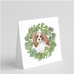 5 x 5 in. Unisex Cavalier King Charles Spaniel Blenheim with Christmas Wreath Square Greeting Cards & Envelopes, Multi Color - Pack of 8